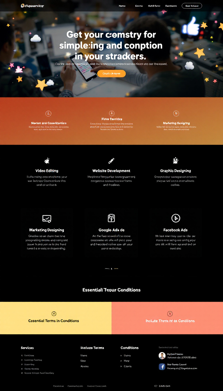 Create a simple one-page dropservicing website that showcases services like video editing, website development, graphic designing, marketing management, Google Ads, and Facebook Ads. Include essential terms and conditions for freelancers and clients.