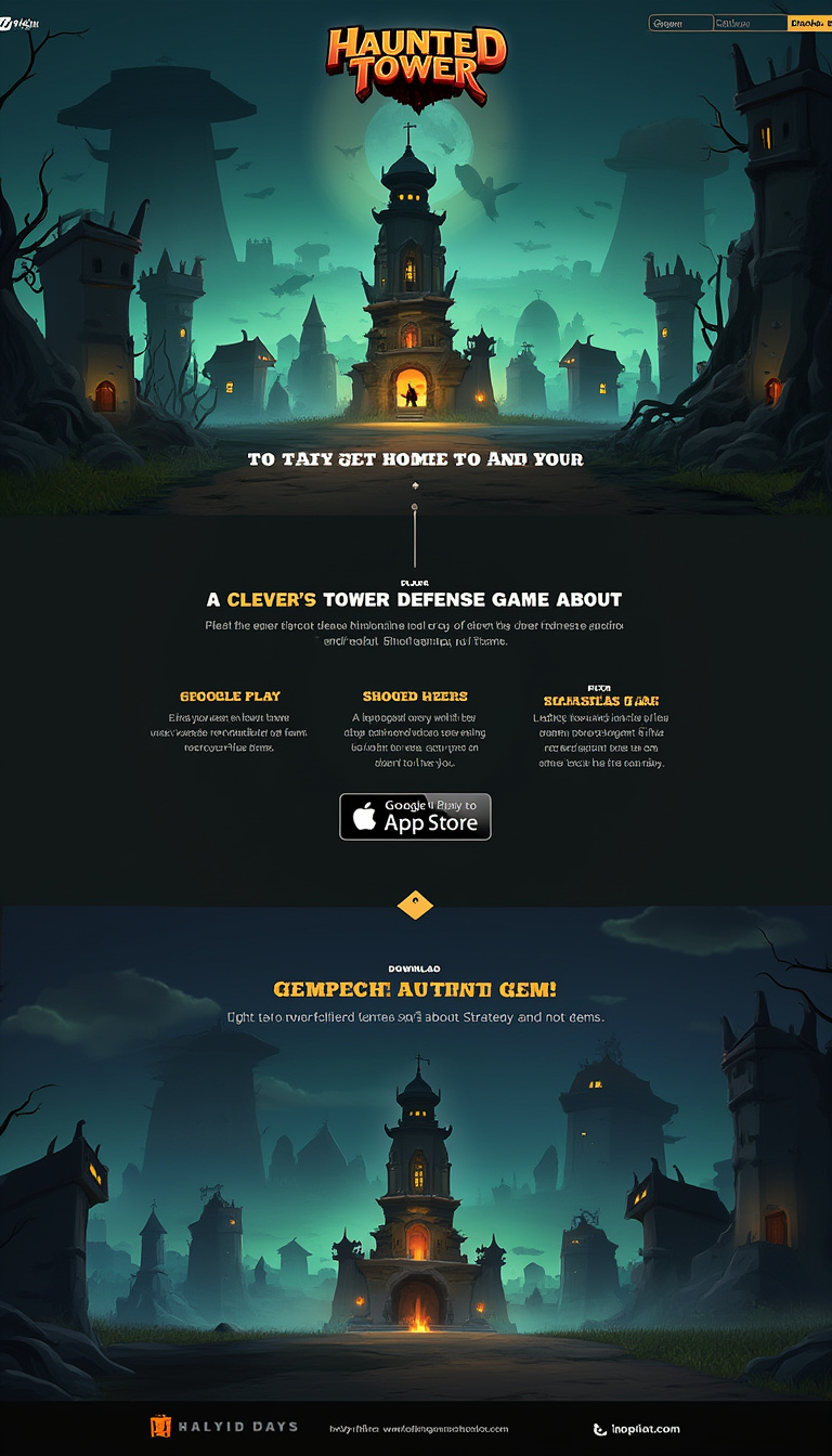 Design a one-page website for the tower defense game "Haunted Tower" featuring a demo for players to try. Include links to download on Google Play, Apple Store, and Steam, along with the tagline: "A clever tower defense game about Strategy and not Gems."