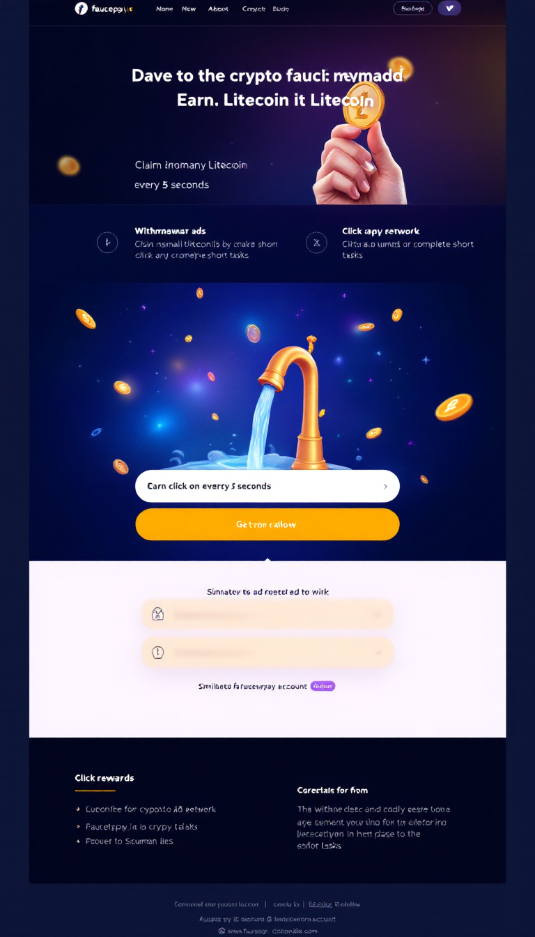 Design a modern one-page crypto faucet website where users can claim small amounts of Litecoin every 5 seconds and earn rewards by clicking ads or completing short tasks. The website should allow withdrawals to a faucetpay.io account and feature a simulated ad network for displaying ads that users can click for crypto rewards.