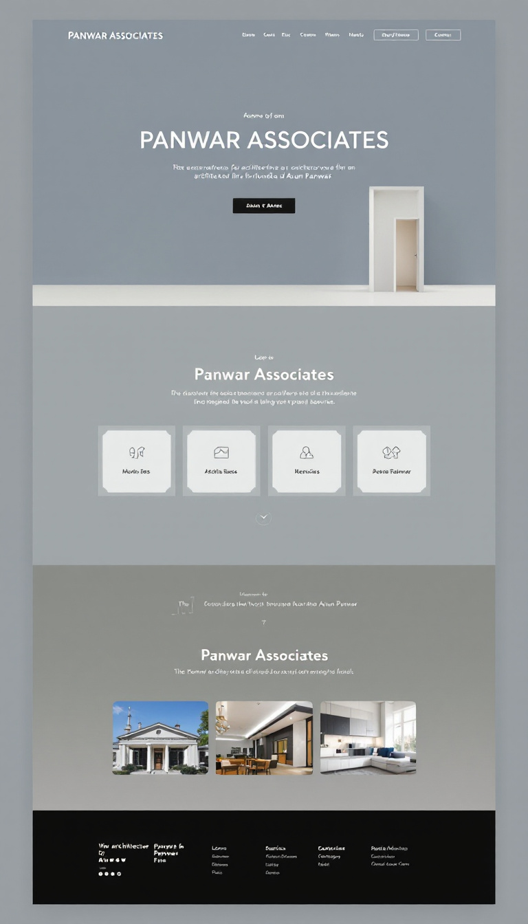 Design a simple and clean one-page website for "Panwar Associates," an architecture firm founded by Arun Panwar. The layout should reflect a professional aesthetic and highlight the firm's services and values.