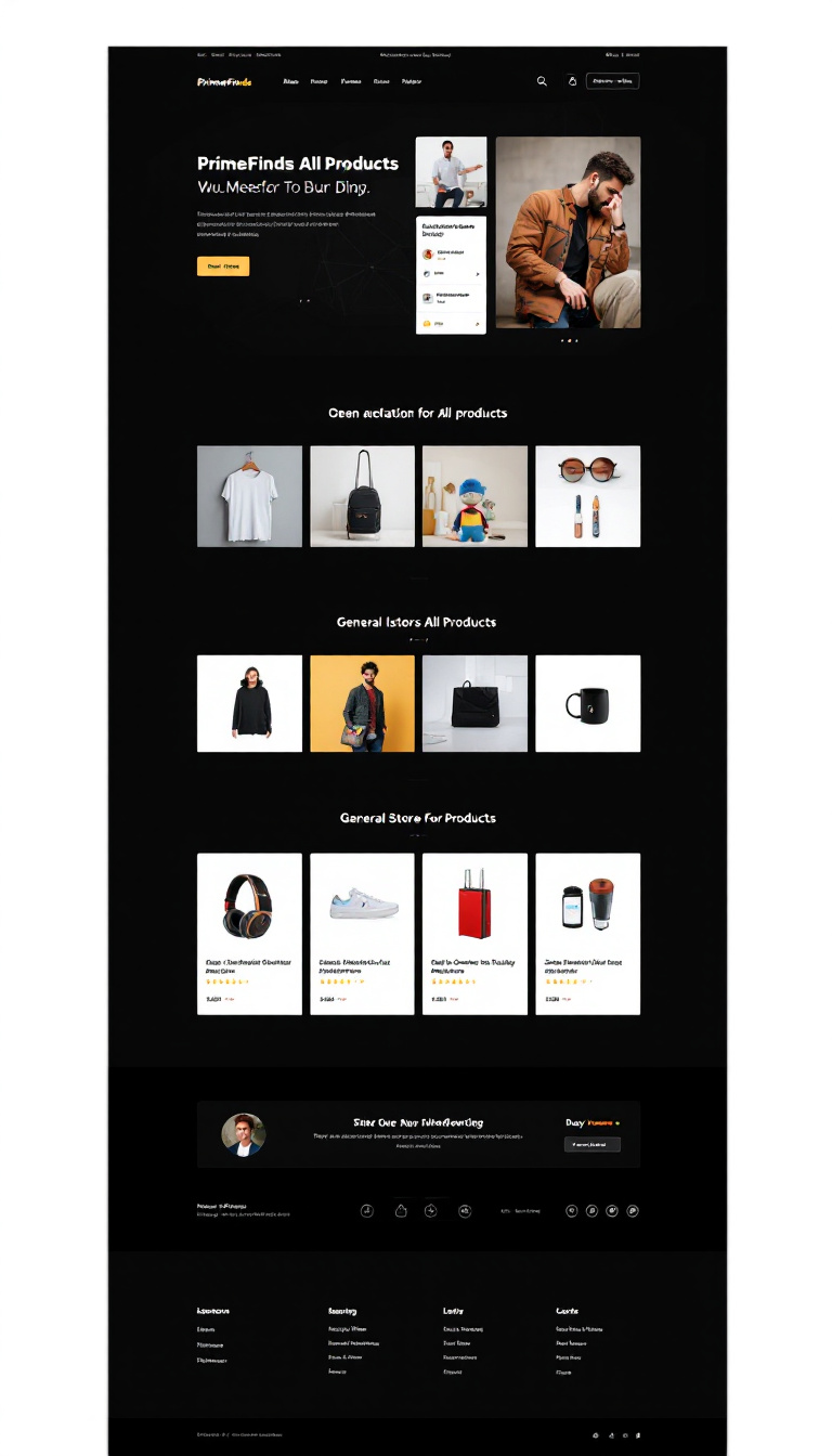 Design a simple, clean one-page website for "PrimeFinds," a dropshipping business. The site should feature a general store layout with all products listed in an organized manner.