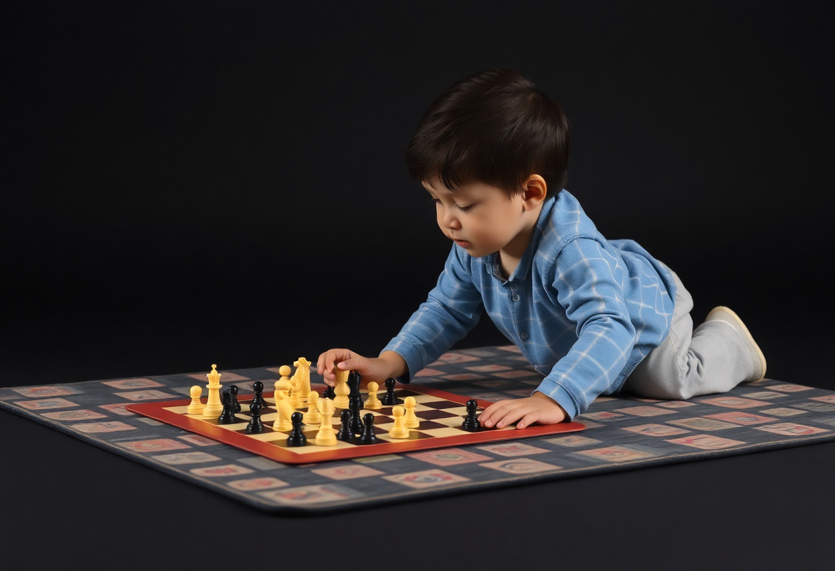 child playing with foldable flying chess crawling mat on a dark background