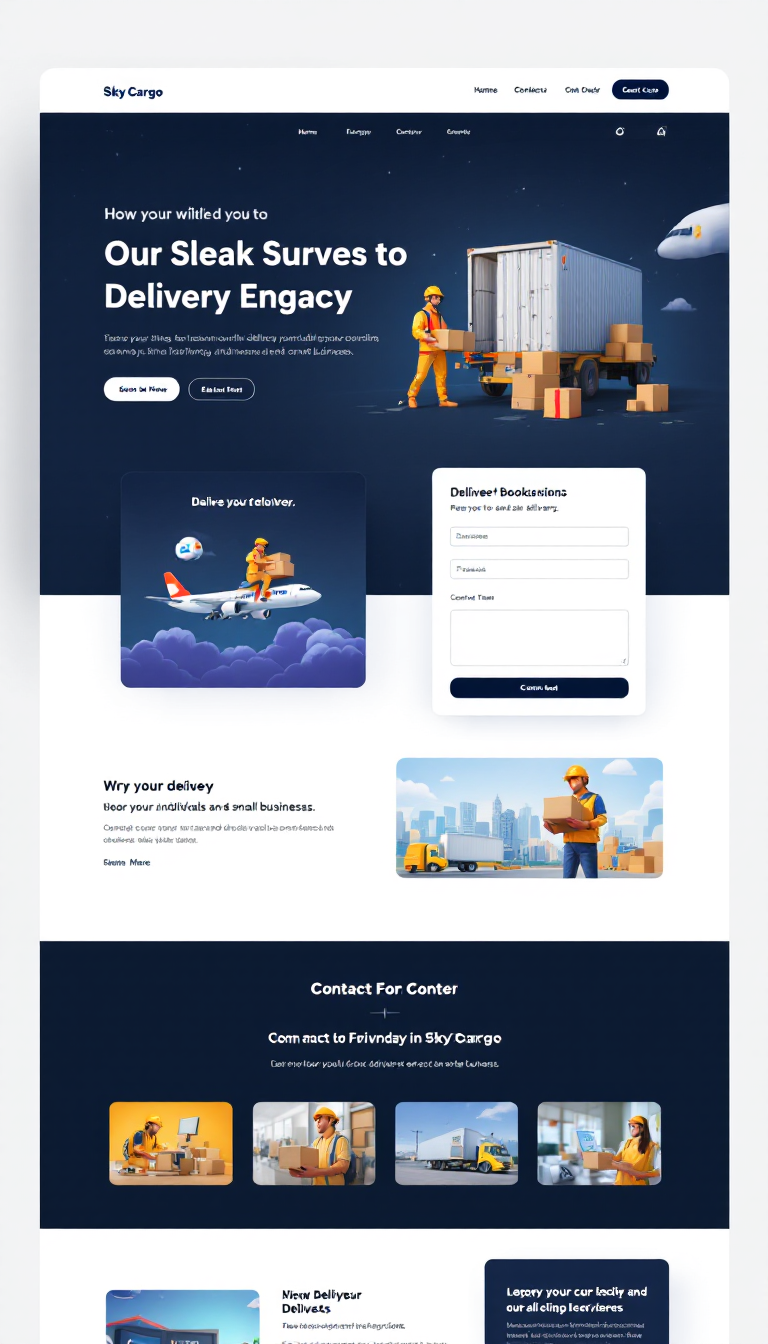 Create a sleek one-page website titled 'Sky Cargo' for a delivery service catering to individuals and small businesses. It should feature online booking, a contact form, and a modern, user-friendly design that is visually appealing.