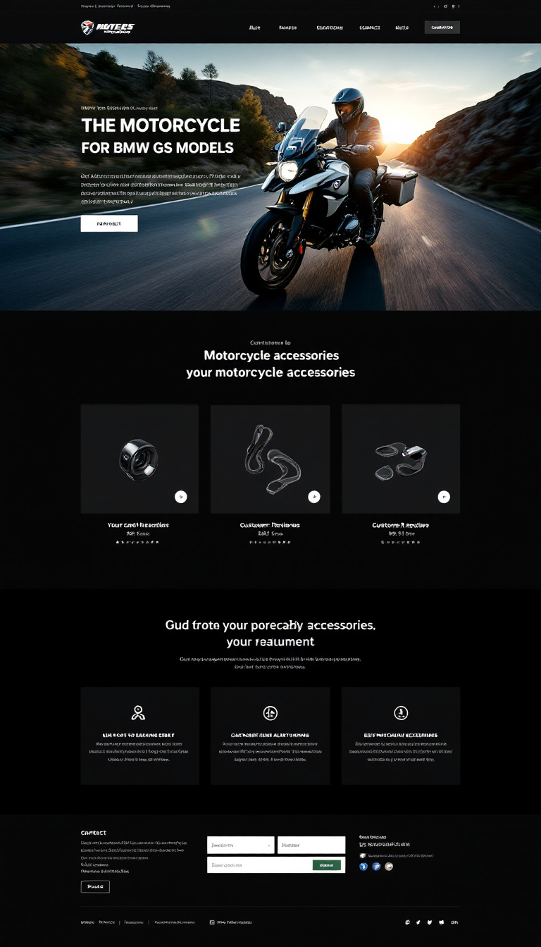 Design a simple and clean one-page website showcasing motorcycle accessories specifically for BMW GS models. Include sections for product highlights, customer reviews, and contact information.