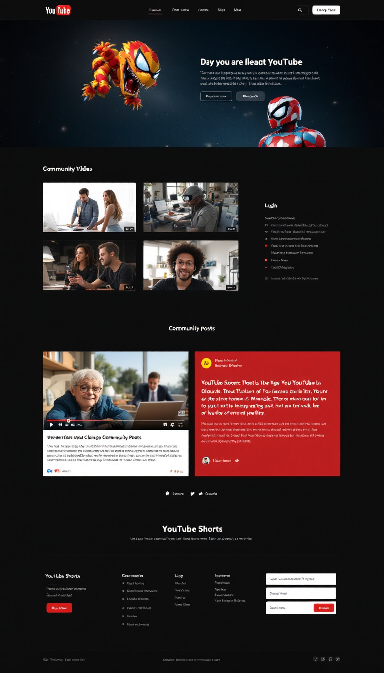 Design a simple one-page website that resembles a YouTube clone, featuring video uploads, comments, community posts, a login feature, and YouTube Shorts. Ensure the layout is clean and user-friendly.