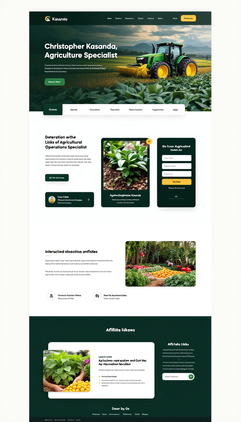 Design a professional one-page agriculture blog for Christopher Kasanda, an Agricultural Operations Specialist. The website should feature affiliate links and have an interactive, luxurious UI/UX, using a color palette of green, white, gold, and black.