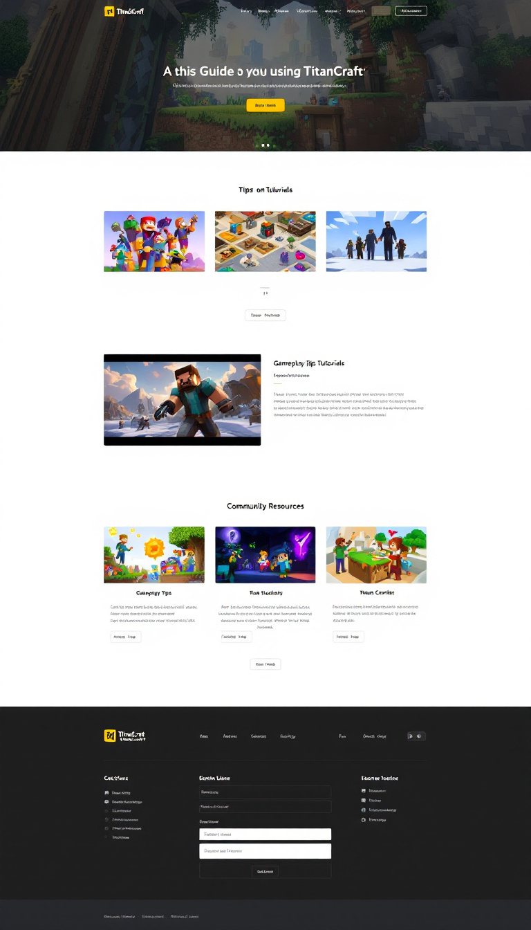 Design a simple, one-page website for a guide on using TitanCraft, featuring sections on gameplay tips, tutorials, and community resources. Use a clean layout with engaging visuals and easy navigation.