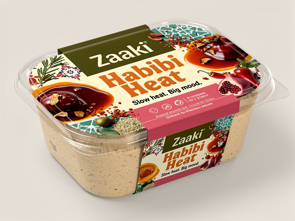 Create a high-quality product mockup of Zaaki hummus packaging.
The hummus is in a rectangle, transparent plastic container with a matching lid, modern and grocery-ready. The lid features the Zaaki logo bold and centered.
Color palette must strictly follow the Zaaki brand colors:
Za’atar olive green (#A7A838)
Mint tahini teal (#60C3AD)
Pickled rose pink (#F37C90)
Harissa orange (#EC6542)
Soft off-white (#FFFDF9)
Deep near-black (#150F11)
The label design should feel playful, bold, and Levant-inspired, not minimal or sterile. Use illustrated mediterranean elements integrated as graphic texture.
Typography is confident and expressive, with strong hierarchy and personality. The flavor name “Habibi Heat” is prominent, warm, and energetic. Supporting text includes a short tagline like:
“Slow heat. Big mood.”
The hummus inside the container is visible — creamy beige hummus topped with deep red chili oil and flakes, rich and appetizing.
Overall vibe:
Rooted in Levant tradition
Modern, bold, and joyful
Ethical, people-first food brand
Matches the illustrated, colorful energy of the Zaaki website hero section
Lighting is soft and natural. The final image should feel premium but approachable, shelf-ready, and unmistakably Zaaki.