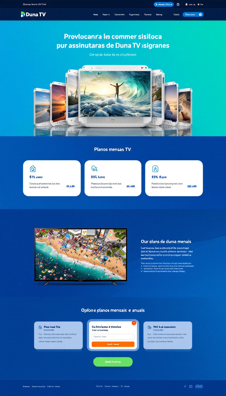 Criar um site simples e limpo para revenda de assinaturas da Duna TV, com opções de planos mensais e anuais. O design deve ser atraente e fácil de navegar.