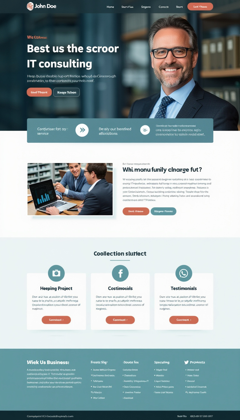 Design a one-page website for John Doe's IT consulting business, featuring a clean layout with professional styling, clear navigation, and sections for services, testimonials, and contact information.