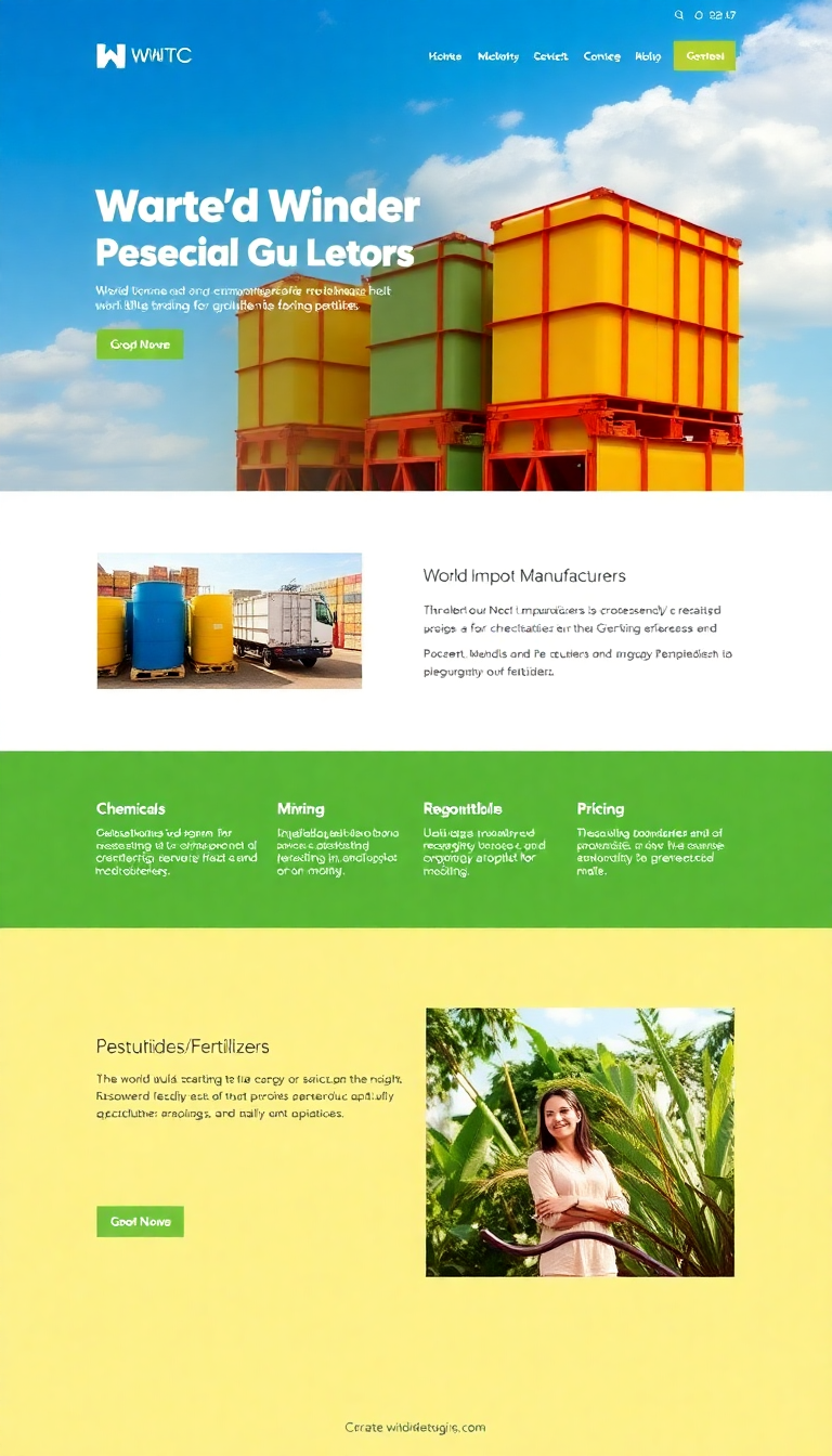 Create a sleek one-page website for the World Wide Trading Company (WWTC), showcasing their bulk import services for chemicals and agricultural pesticides/fertilizers. Highlight competitive pricing, reputable manufacturers, and an easy-to-navigate design.