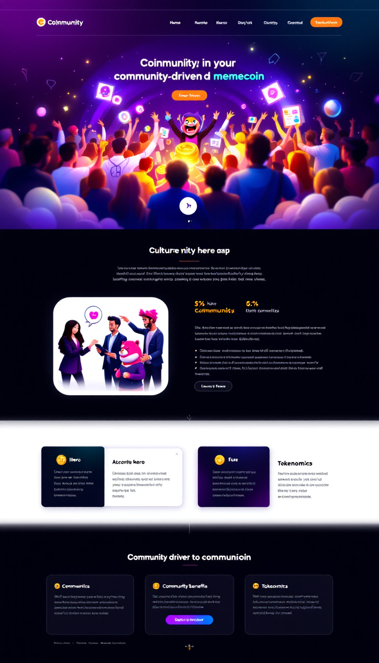 "Design a sleek, one-page website for 'Coinmunity,' a community-driven memecoin. Emphasize its vibrant culture and purpose in crypto with a modern look, featuring a welcoming hero section, community benefits, tokenomics, and a roadmap, all enhanced by a dark theme with neon accents and engaging animations."