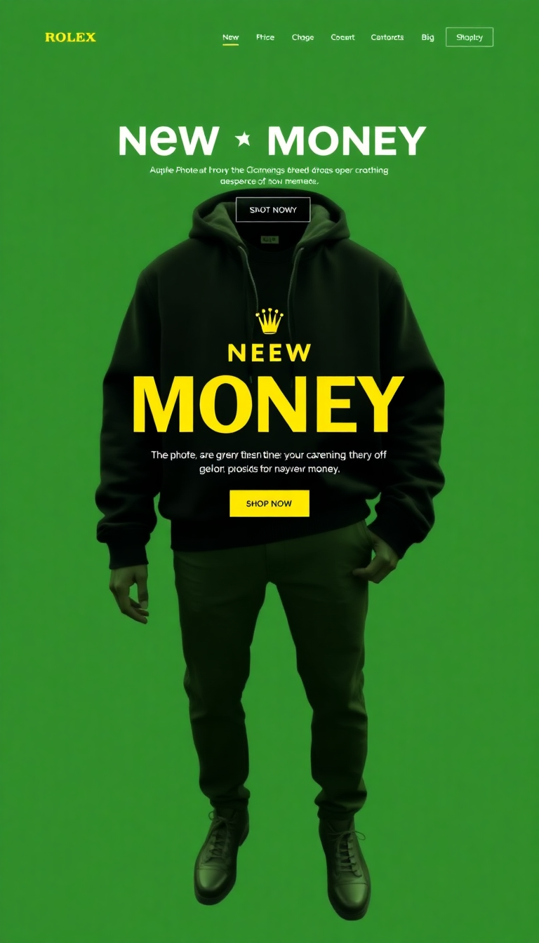 Create a one-page website for a clothing brand that embodies the essence of "new money." Incorporate powerful, attention-grabbing words and a color palette inspired by Rolex, utilizing a parallax scrolling design for a dynamic visual experience.