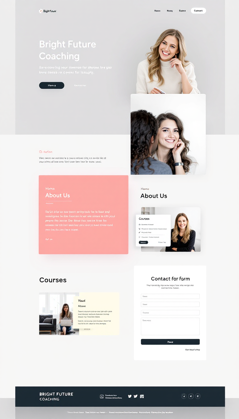 Design a minimalist one-page website for 'Bright Future Coaching,' featuring sections for Home, About Us, Courses, and a Contact form. The layout should be professional, clean, and user-friendly, appealing to young professionals.