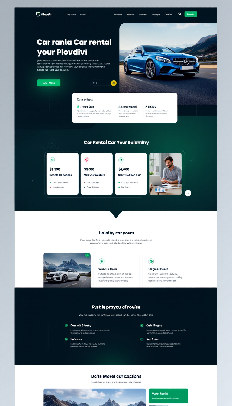 Create a sleek, one-page car rental website for Plovdiv, featuring a dark green and dark blue color scheme with an organized and clean design.