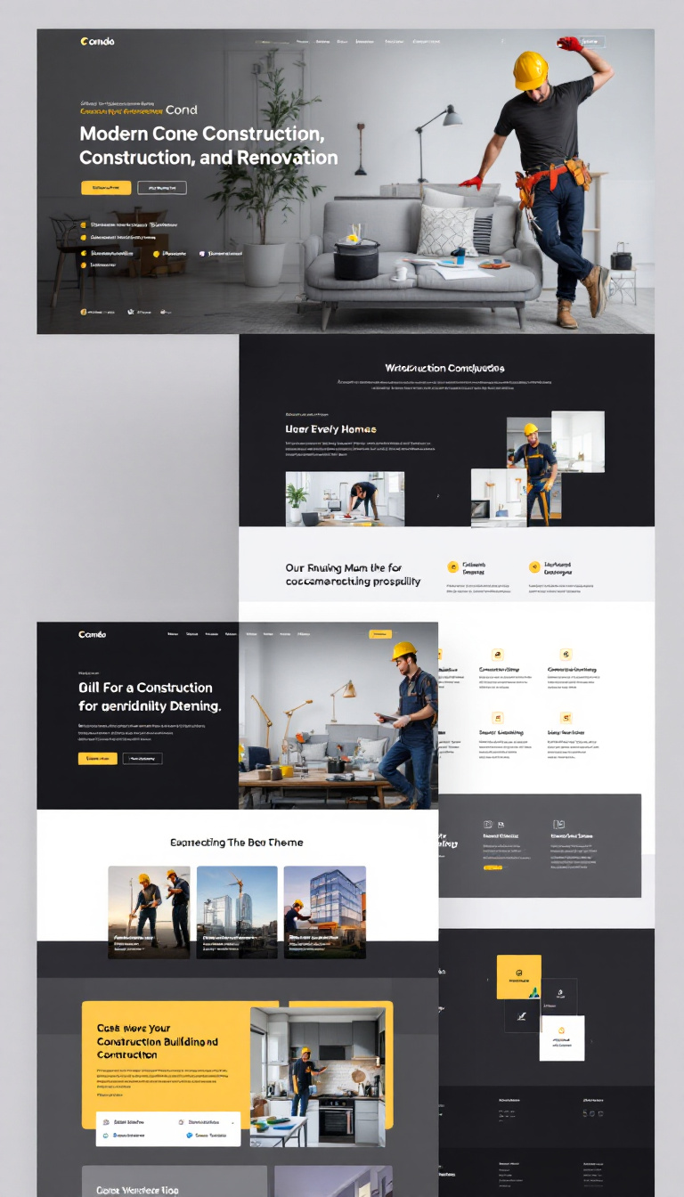 Create a visually appealing one-page website design for a modern construction, building, and renovation theme called Condo, highlighting its professionalism and versatility. Focus on an intuitive layout that reflects the construction and handyman industry.