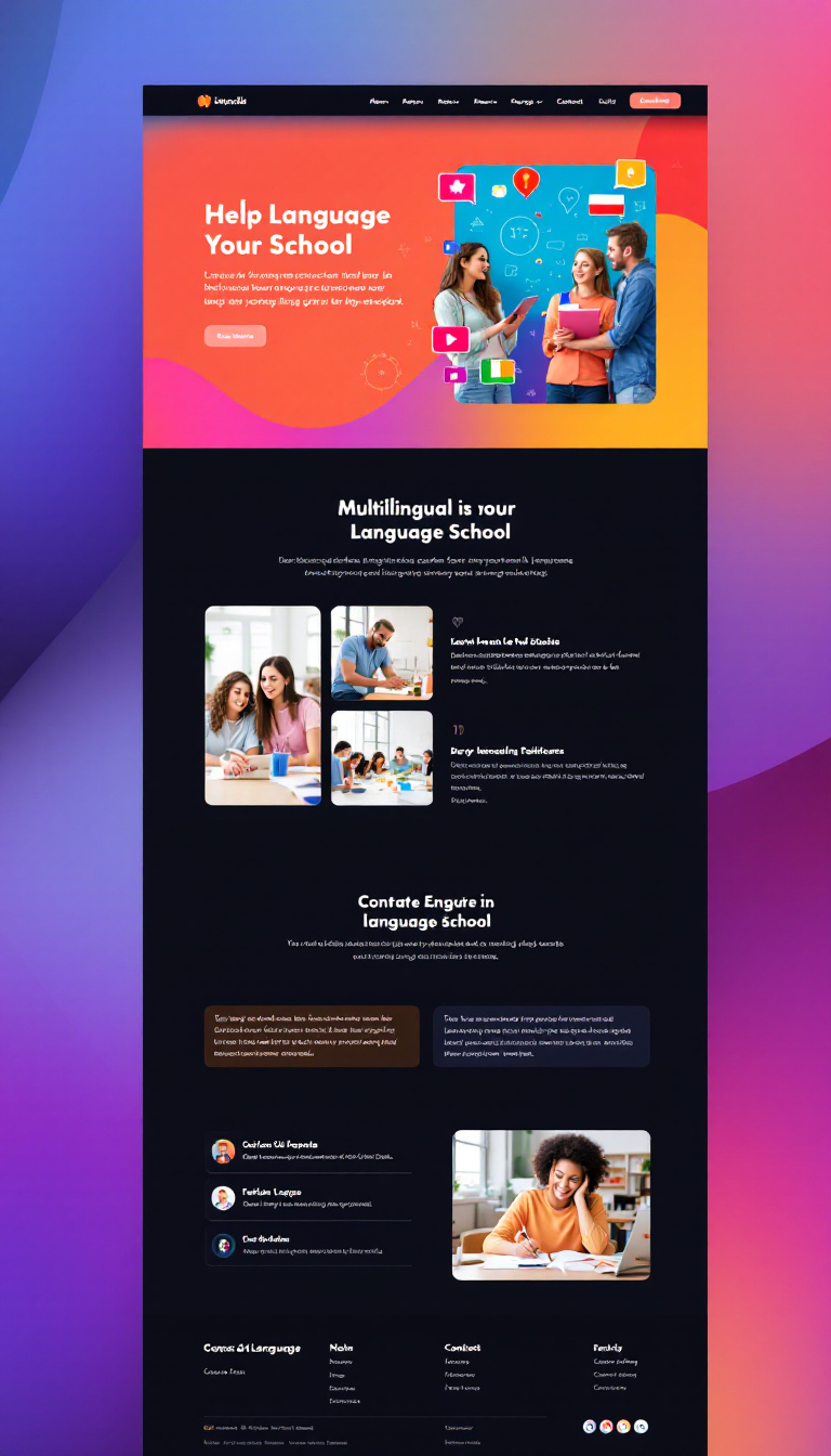 Create a sleek one-page website for a language school, featuring a vibrant design with intuitive navigation, displaying course offerings, testimonials, and contact information. Highlight the school's multilingual approach and engaging learning environment.