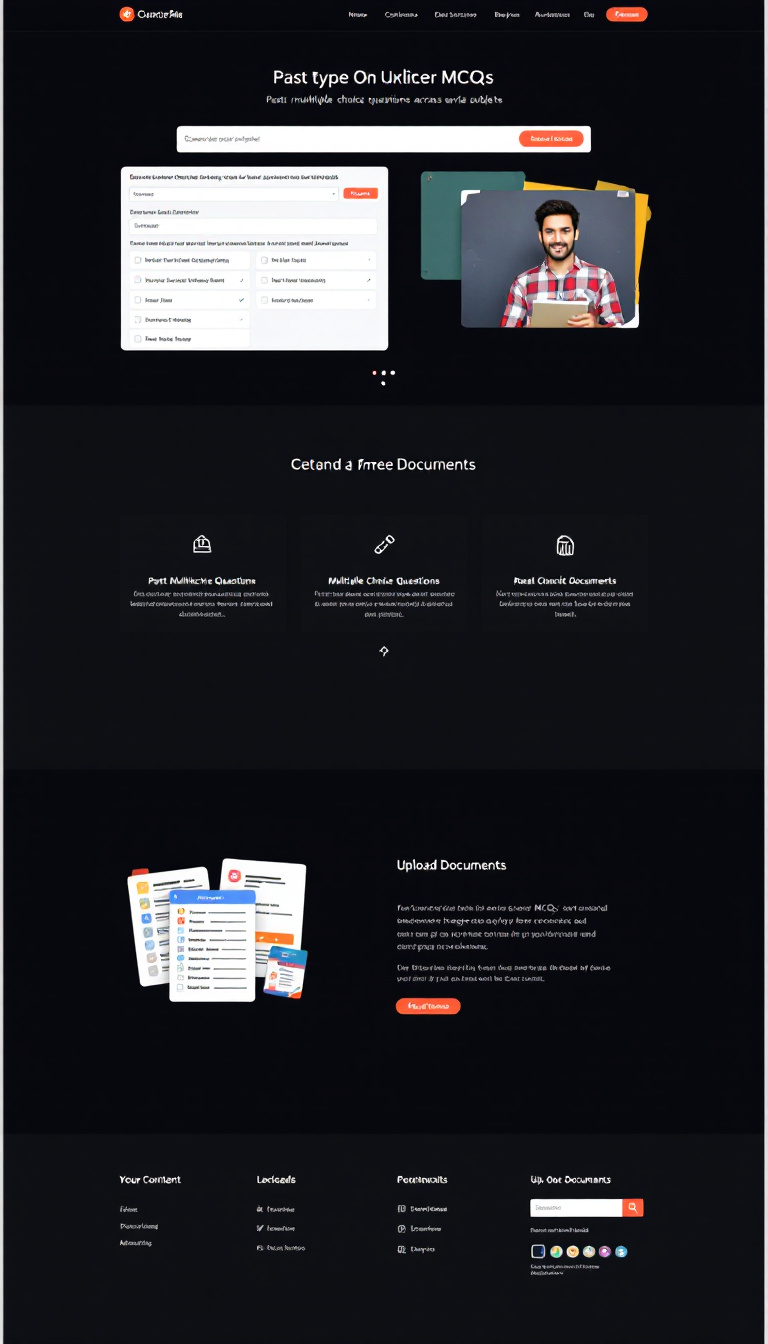 Create a simple one-page website design that features a section for pasting multiple-choice questions (MCQs) across various subjects and an area for uploading documents. The layout should be clean and user-friendly, with options to monetize content.