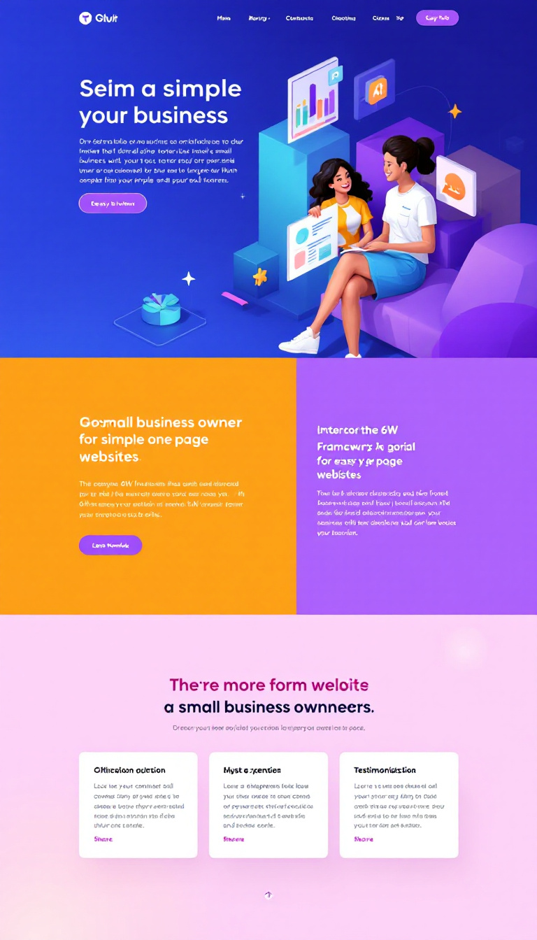 Design a vibrant landing page for small business owners seeking simple one-page websites. Incorporate the 6W framework with bright colors, bold fonts, and highlight AI features for easy creation. Include clear call-to-action buttons and space for testimonials.