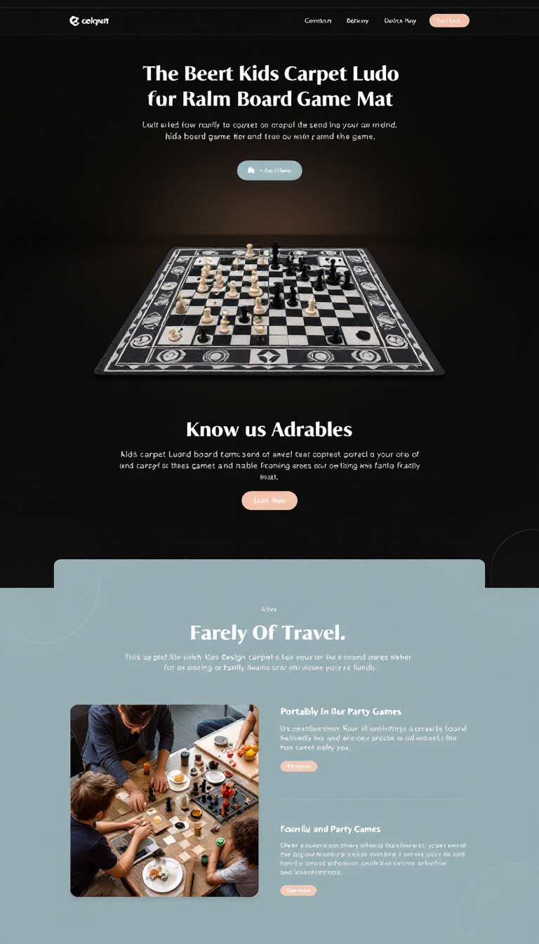 A modern dark mode landing page showcasing a new design kids' carpet Ludo board game mat. The page should highlight its portability, suitability for travel, and family-friendly features for chess and party games.
