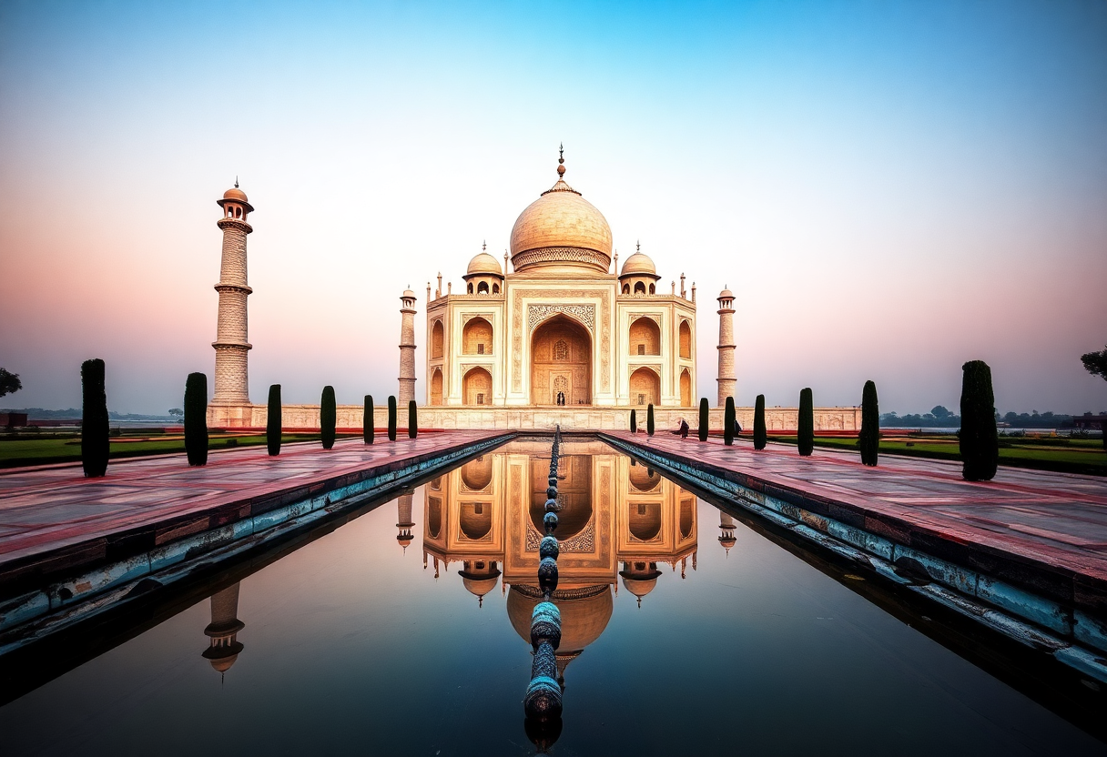the iconic taj mahal in agra, a white marble mausoleum reflecting in a pool at sunrise
