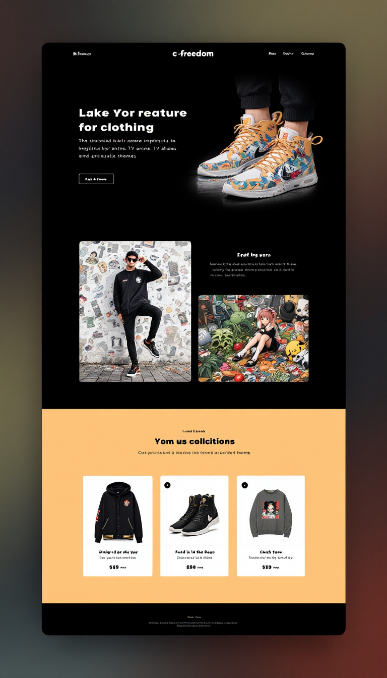Design a simple, one-page website for the clothing brand "c-freedom," featuring merchandise inspired by anime, TV shows, and exotic themes. The layout should be clean and visually appealing, showcasing products effectively.