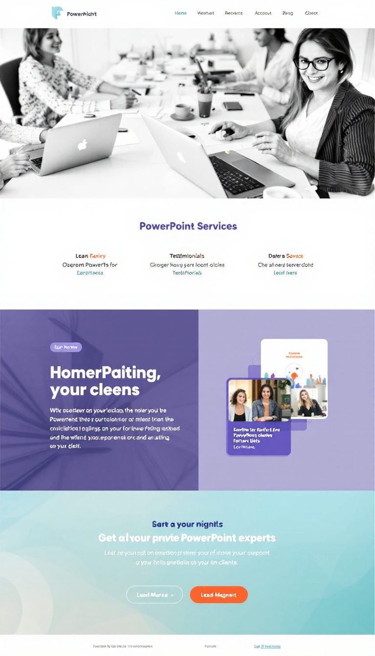 Create a simple, one-page website for a freelance PowerPoint expert, featuring eye-catching visuals and clear sections to showcase services, testimonials, and a lead magnet to attract clients.