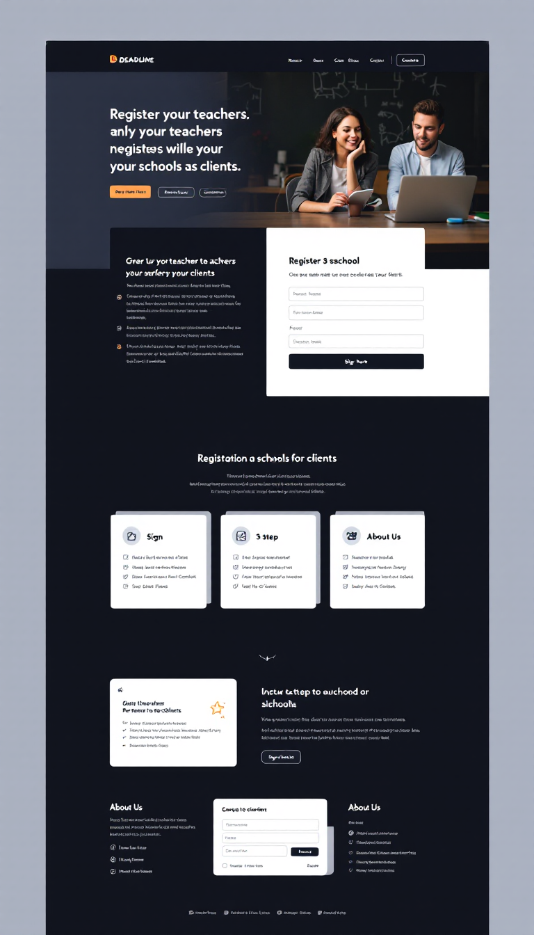 Design a clean, engaging one-page website for _Deadline Recruiting_ that attracts teachers to register while appealing to schools as clients. Include a compelling headline, a feedback ticker, a simplified 3-step registration process, and a signup form. Feature navigation to About Us and Contact sections, showcasing the brand's mission and values with a modern and approachable style.