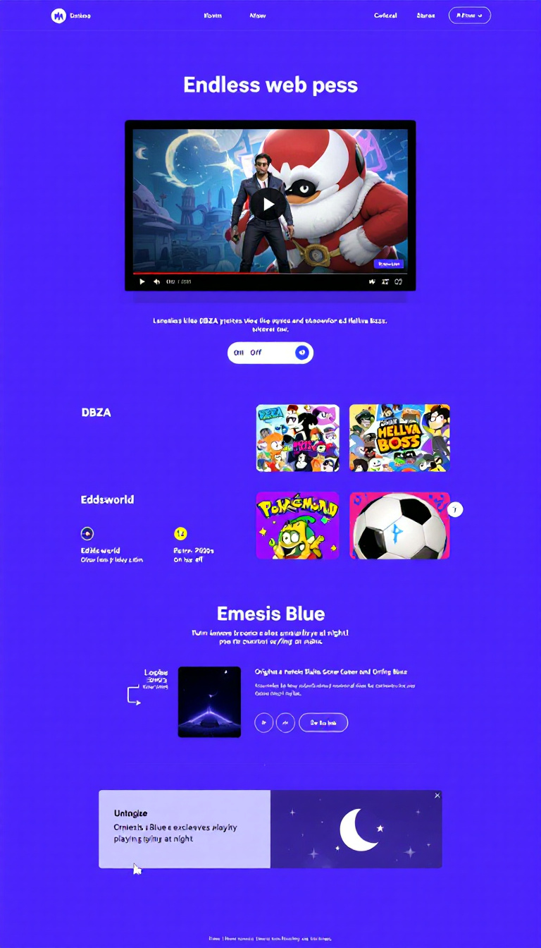 Create a one-page website showcasing a video player that endlessly streams a mix of web series like DBZA, Eddsworld, and Helluva Boss, with a toggle feature to turn the player on or off. Include retro 2000s ads and links to original content creators, with Emesis Blue exclusively playing at night.