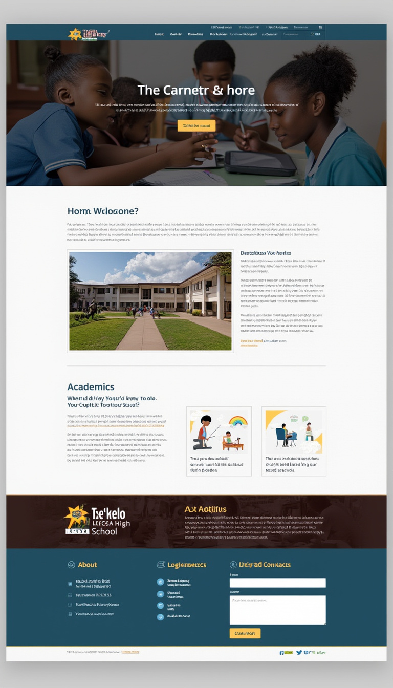 Design a simple one-page website for Ts'ekelo LECSA High School, featuring the school's name, logo, and sections for about, academics, activities, and contact information. The layout should be clean and user-friendly.