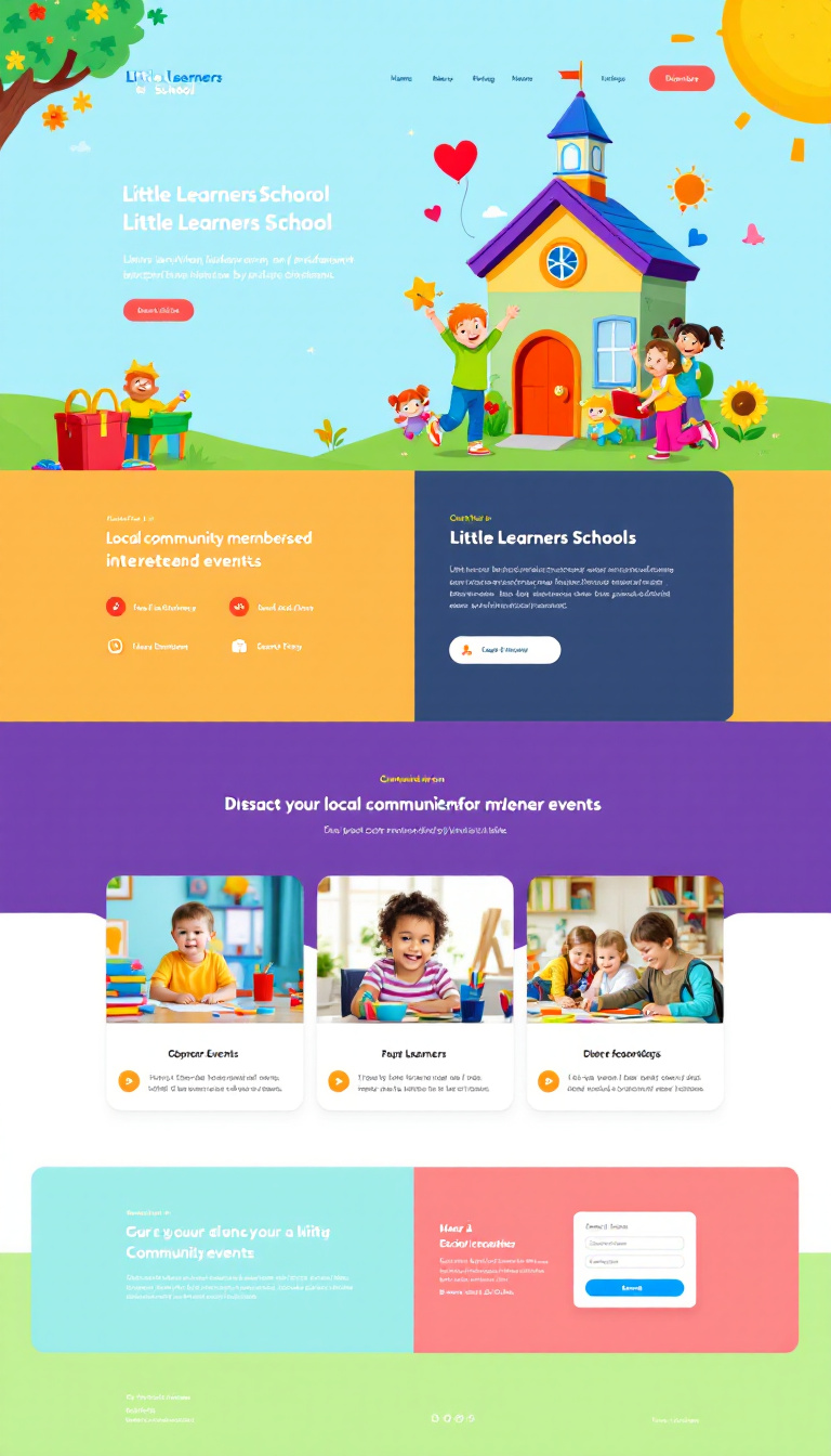 Design a vibrant one-page website for Little Learners School, a kindergarten run by a foundation. The site should attract local community members interested in school events, featuring bright colors and including contact details for the school administration.
