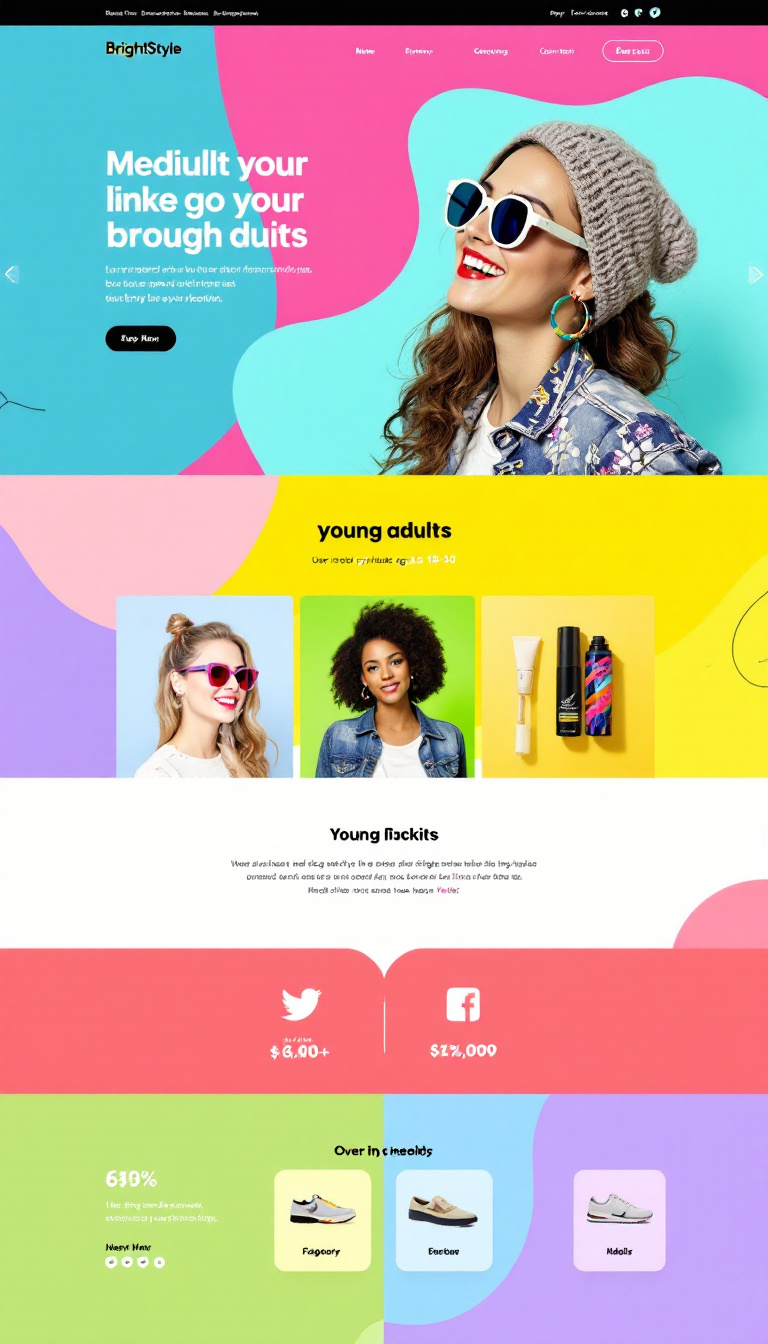 Design a vibrant one-page website for BrightStyle, targeting young adults aged 18-30. Incorporate bold colors, striking fonts, and product showcases, along with social media links to enhance engagement.