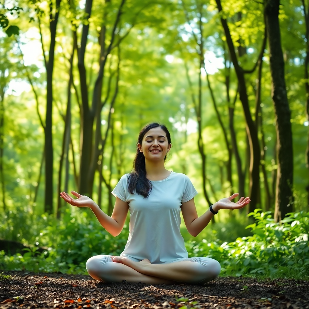 woman meditating in a serene forest, representing inner peace