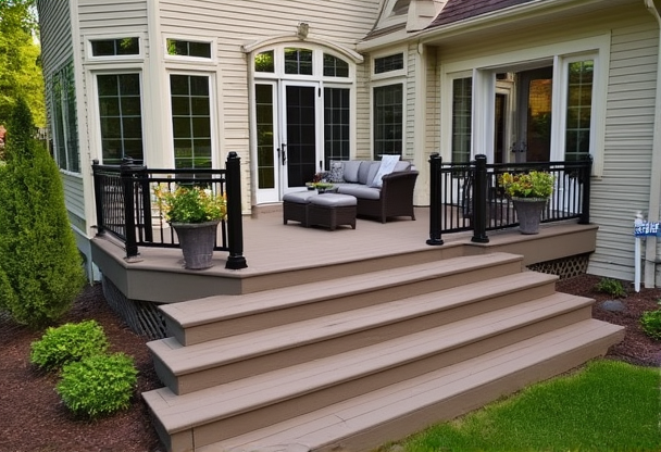 Beautiful wooden deck construction with modern railings and comfortable outdoor living space with furniture and planters