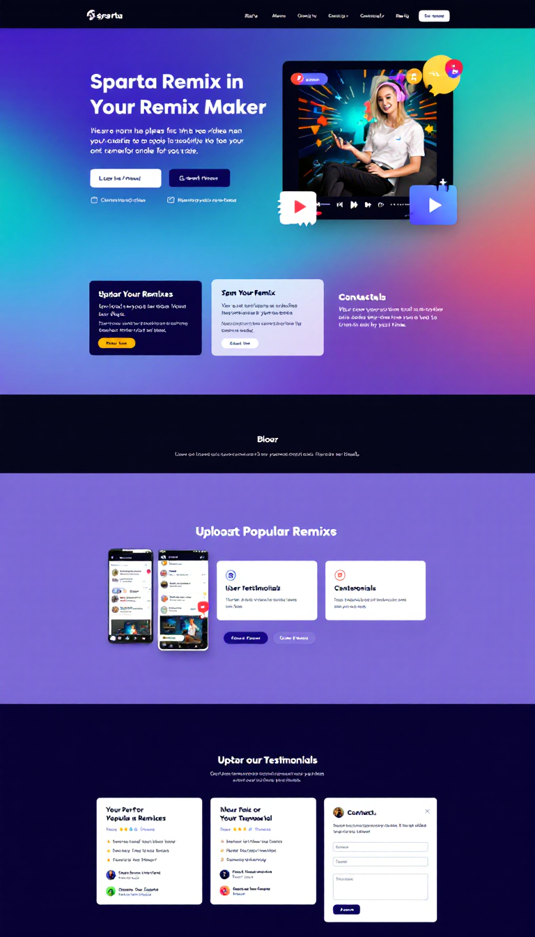 Design a simple one-page website for a Sparta remix video maker, featuring a modern layout, engaging visuals, and clear call-to-action buttons for uploads and sharing. Include sections for showcasing popular remixes, user testimonials, and a contact form.
