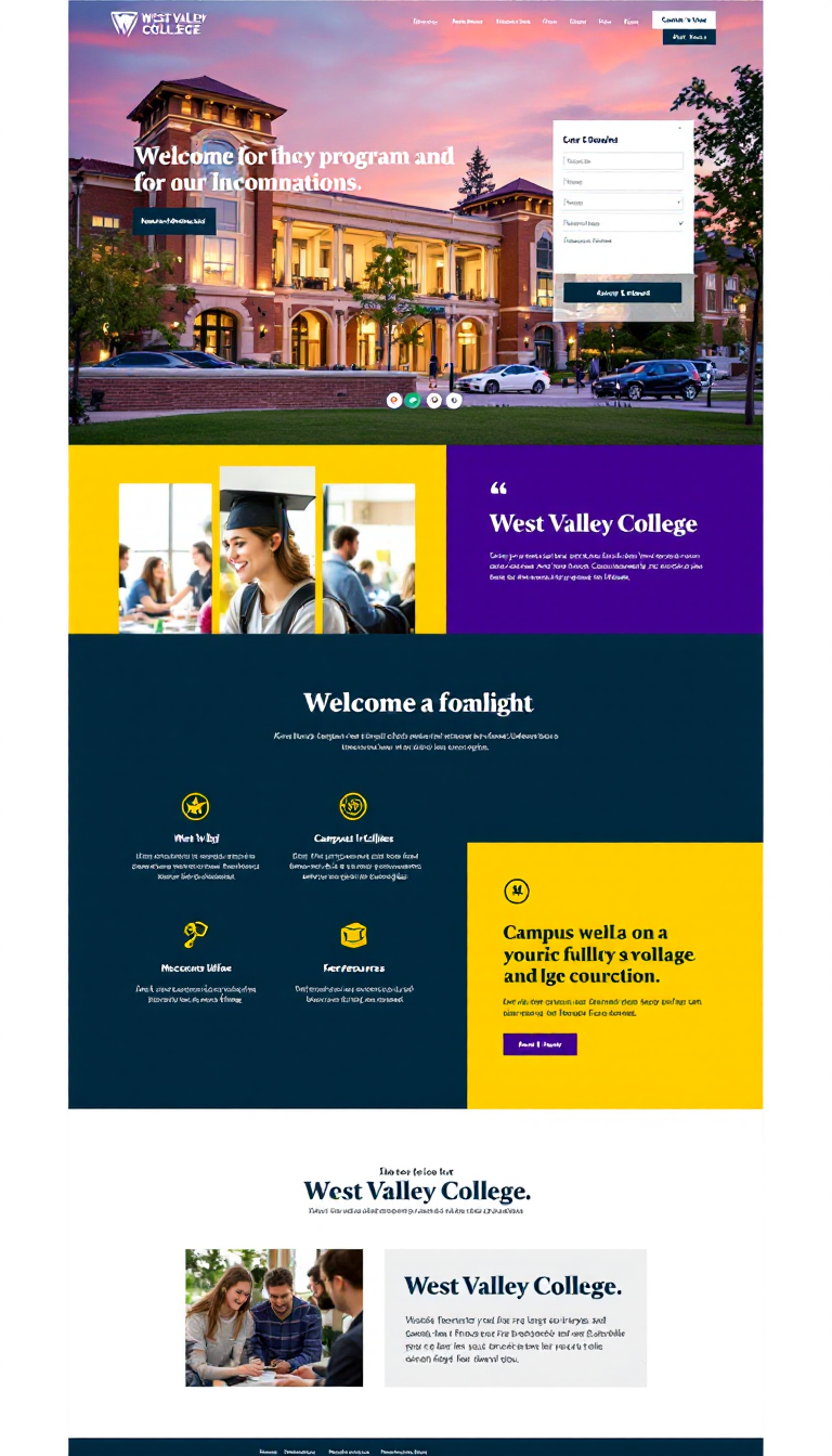 Design a modern, clean one-page homepage for West Valley College, featuring an intuitive layout, vibrant visuals, and user-friendly navigation that highlights key programs, campus life, and resources. Focus on a welcoming atmosphere with easy access to important information and engaging graphics.