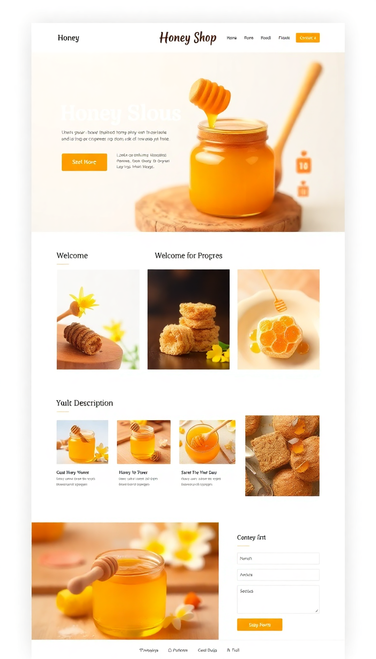 Design a clean, one-page website for a honey shop. Showcase the products with vibrant images, include a brief description, and feature a simple contact form.