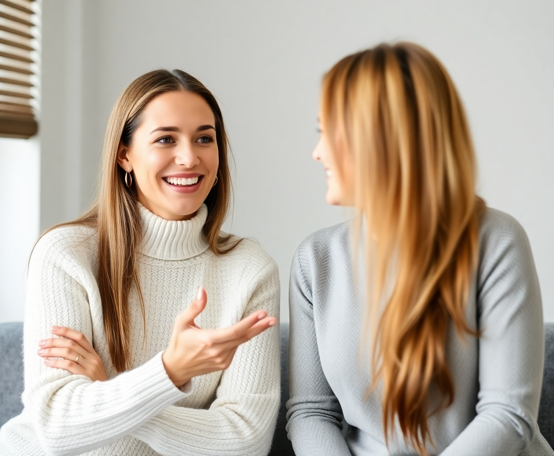 professional coach in a white sweater smiling warmly while discussing career goals