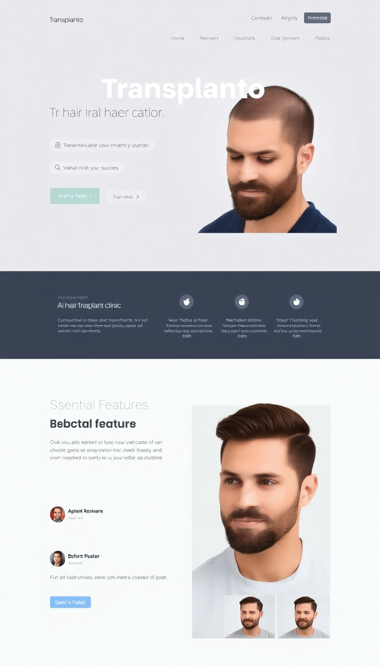 Create a one-page website for "Transplanto," a hair transplant clinic. It should include an authentication system, appointment booking, an AI chatbot for visitor queries, patient reviews, and before-and-after photos, showcasing essential features for a hair transplant clinic.