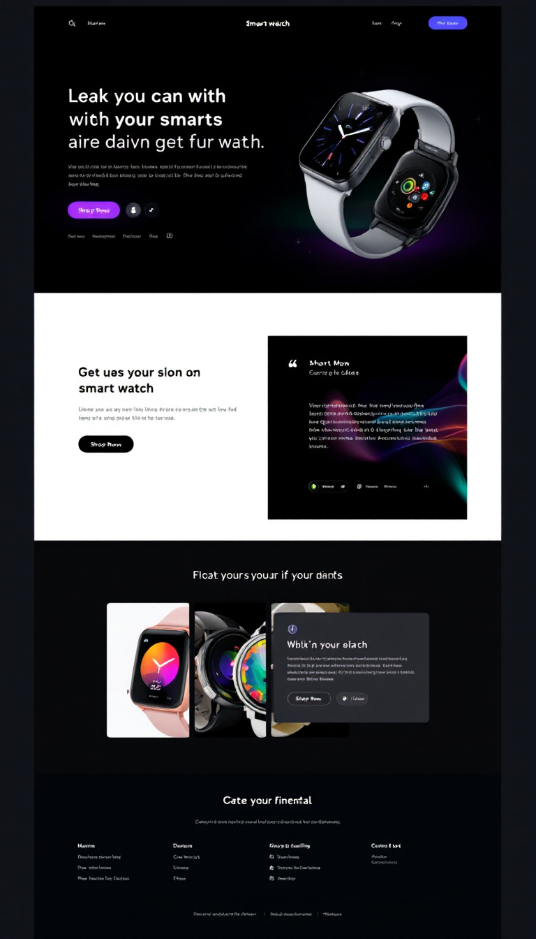 Create a sleek one-page landing site for a smartwatch, featuring a modern design in dark mode. Emphasize a "Shop Now" call-to-action with appealing visuals and concise product information.