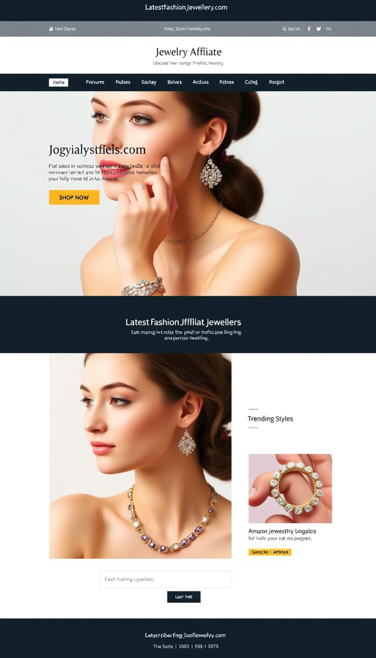 Create a simple, one-page website design for an Amazon affiliate marketing blog focused on jewelry, specifically featuring the domain latestfashionjewellery.com. Include sections for product reviews, trending styles, and a subscription form for updates.