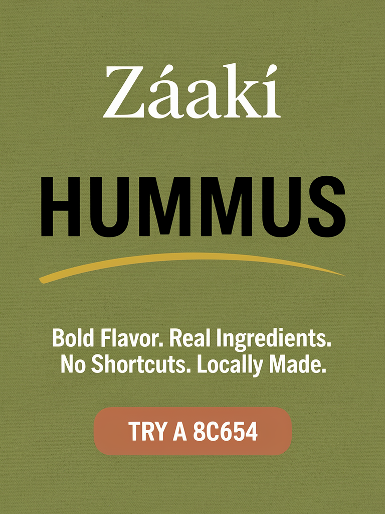 Create a high-resolution, print-ready banner design (exact aspect ratio 2:1, 6 ft wide by 3 ft tall) for a bold, premium small-batch hummus brand called Zaaki.
Background:
Solid muted olive green (HEX #A7A838) with a subtle fabric texture for realism.
Top Section (Logo):
Place the Záakí logo centered at the top in clean white. It should occupy approximately 20–25% of the banner height. Keep it crisp, flat (no distortion), and highly legible.
Main Headline:
Centered in the middle of the banner, the word:
HUMMUS
– Very large, heavy, bold sans-serif font
– Color: deep black (HEX #150F11)
– High contrast, designed to be readable from a distance (farmers market setting)
Accent Element:
Directly below “HUMMUS,” add a smooth, slightly arched underline in a warm golden-yellow tone (inspired by the brand palette), adding motion and visual flow.
Tagline Section:
Below the accent line, include the tagline in clean, bold sans-serif font:
“Bold Flavor. Real Ingredients. No Shortcuts. Locally Made.”
– Color: Off-white (HEX #FFFDF9)
– Center-aligned
– Balanced spacing for readability
Call-to-Action Badge:
Below the tagline, add a prominent rounded rectangle badge:
– Fill color: Clay Oven (#EC6542)
– Text: “TRY A SAMPLE” in bold white uppercase
– Slight drop shadow or subtle depth to make it pop
– This should be the most eye-catching secondary element
Bottom Section (Personality Line):
At the bottom of the banner, include a handwritten or script-style line:
“Taste The Revolution”
– Color: Off-white (#FFFDF9) or Glazed Teal (#60C3AD)
– Slightly playful, adds personality and contrast to the bold typography above
Design Style & Inspiration:
– Inspired by modern CPG brands and the Zaaki website hero section (playful illustrated food elements like garlic, olives, chili, tomato shapes can be subtly incorporated as faint background accents if needed, but keep layout clean and not cluttered)
– Style should feel: bold, premium, modern, vibrant, culturally inspired
– Strong hierarchy, minimal clutter, high readability from 10–20 feet away
– Balanced use of negative space
Lighting & Texture:
– Even lighting, realistic print fabric texture
– No mockups (final flat design only, not shown on a table or booth)
Color Palette (strict adherence):
– Zaatar Olive: #A7A838
– Glazed Teal: #60C3AD
– Rosewater: #F37C90
– Clay Oven: #EC6542
– Off-White: #FFFDF9
– Midnight Ink: #150F11