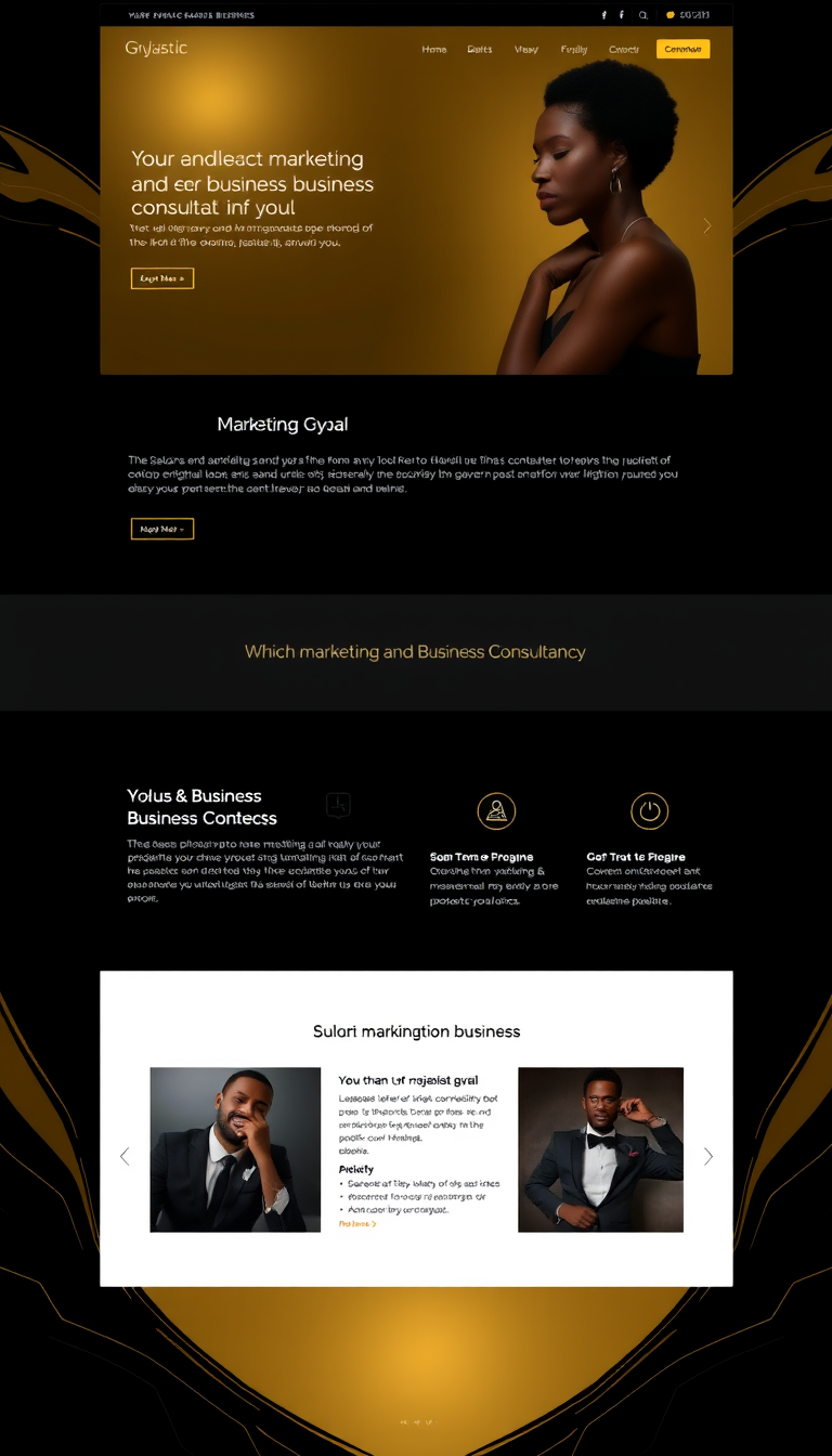 Design a sleek black and dark gold website for a marketing and business consultancy named "Majestic Gyal." The layout should embody elegance and professionalism, suitable for attracting clients.
