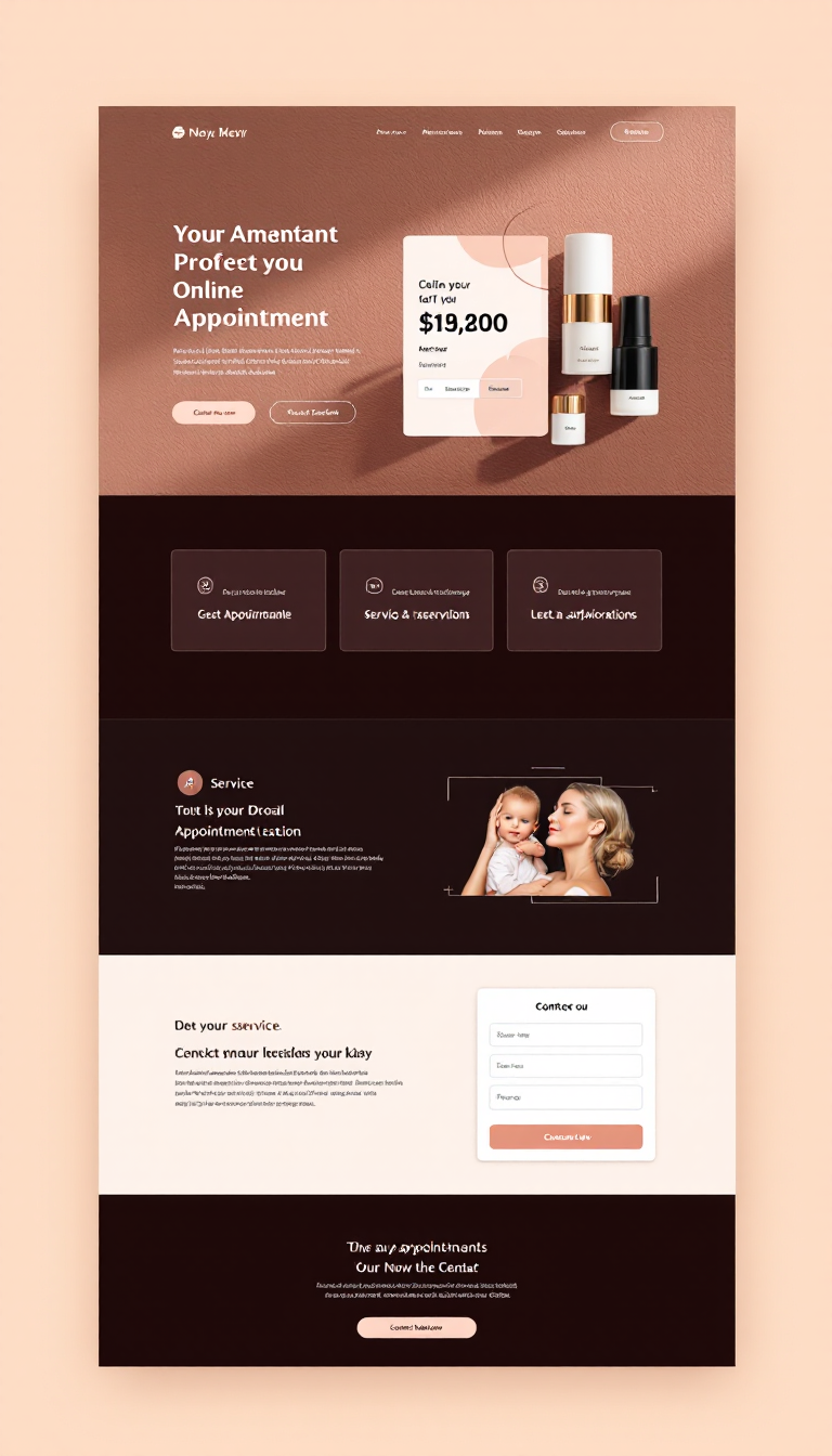 Design a simple and elegant one-page website for an online appointment booking system, featuring a modern aesthetic and user-friendly interface. Include sections for appointment scheduling, service information, and contact details.