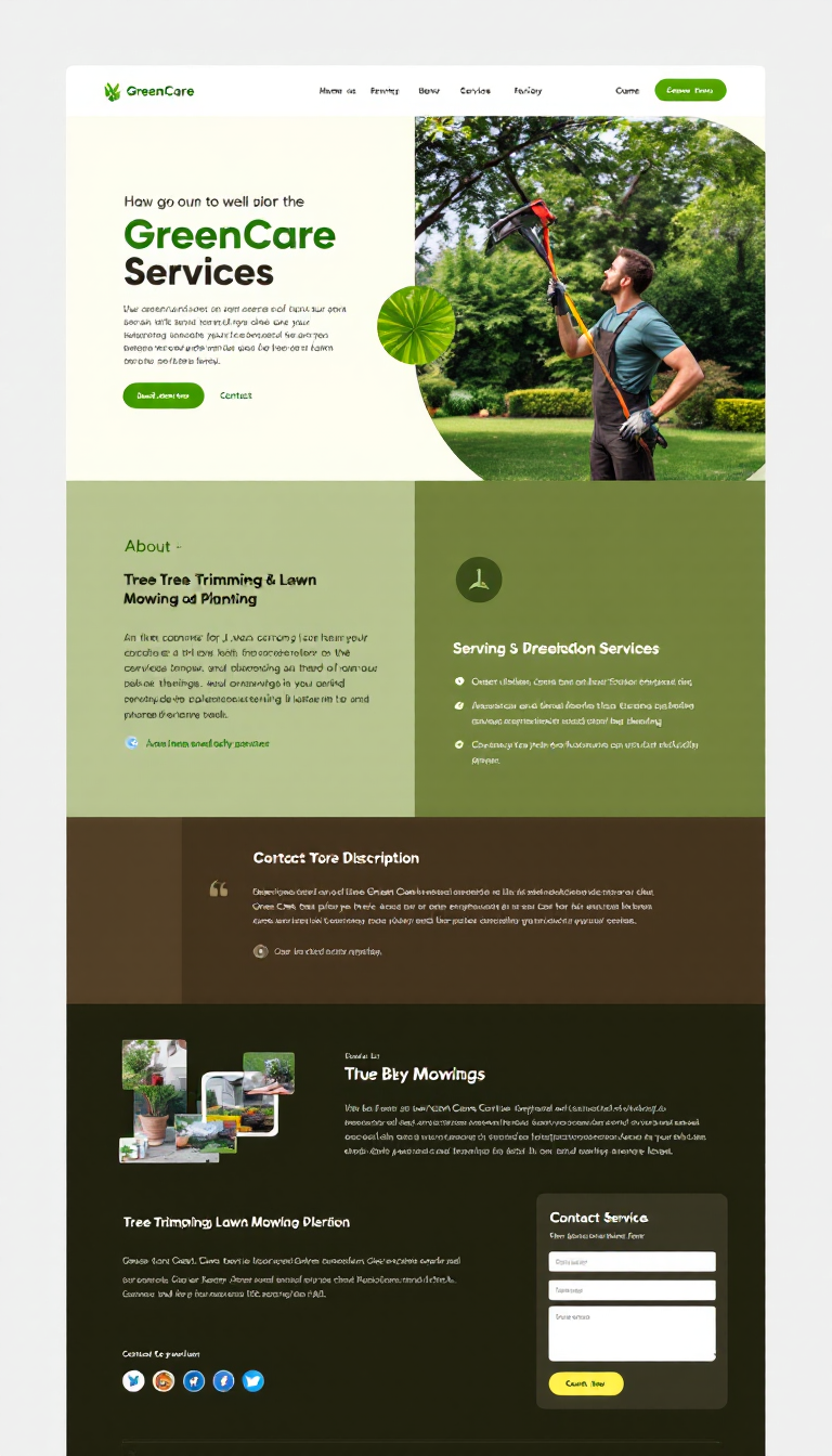Create a clean, professional one-page website for 'GreenCare Services', a local business specializing in tree trimming, lawn mowing, and planting. Use green and brown tones, and include an About section, detailed service descriptions, and a contact form for inquiries.