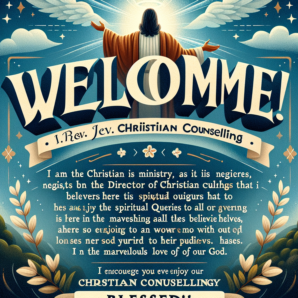 Una imagen de bienvenida con el siguiente texto centrado: '¡Bienvenidos!' debajo de eso: 'Soy el Rev. JRB. Director De Consultoria Cristiana.' debajo de eso: 'Consultoria Cristiana Es Un Ministerio Que Como Su Nombre Lo Indica Existe Para Responder A Todas las Inquietudes Espirituales Que Los Creyentes Tienen. En El Amor maravilloso De Nuestro Señor Jesucristo.' debajo de eso: 'Los Invito A Disfrutar De Nuestra Comunidad Cristiana Virtual De Fe.' y en la parte inferior: '¡ Bendecidos !'. El fondo debe ser sereno y edificante, adecuado para un ministerio de consultoría cristiana.