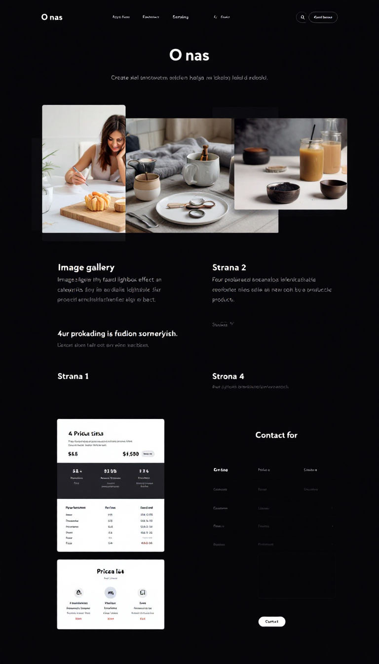 Create a simple one-page website in Polish titled "O nas" with four separate subpages: "Strona 1" for an image gallery with a fading lightbox effect, "Strona 2" showcasing four product categories with expandable details for eight products each, "Strona 3" featuring a price list table with four columns and eight rows for products, and "Strona 4" for contact information.