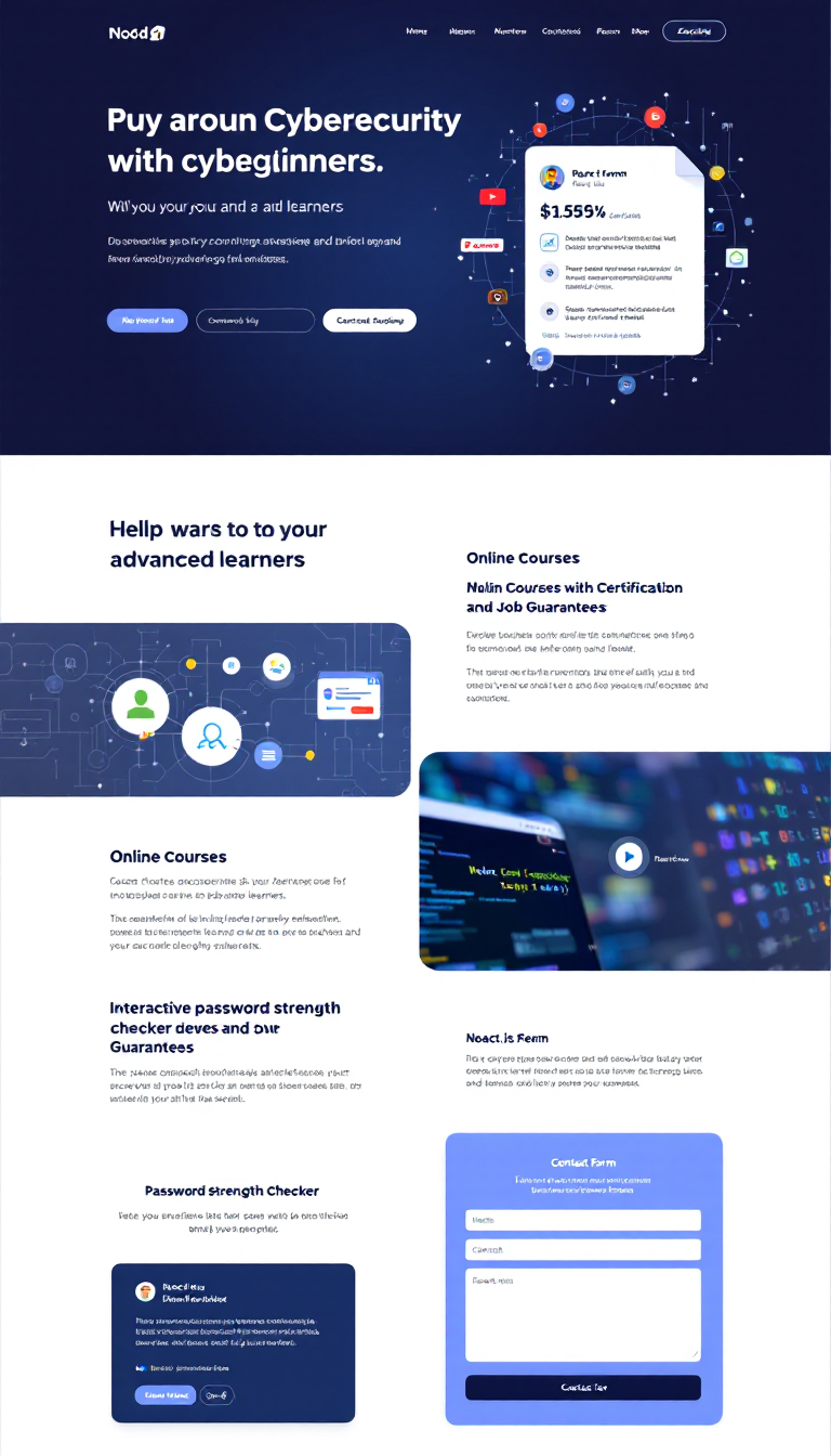 Create a user-friendly, one-page website focused on cybersecurity, targeting beginners to advanced learners. The site should include sections on common threats, online courses with certification and job guarantees, an interactive password strength checker, and a contact form. Emphasize modern design and accessibility, utilizing React for the frontend and Node.js for backend functionality.