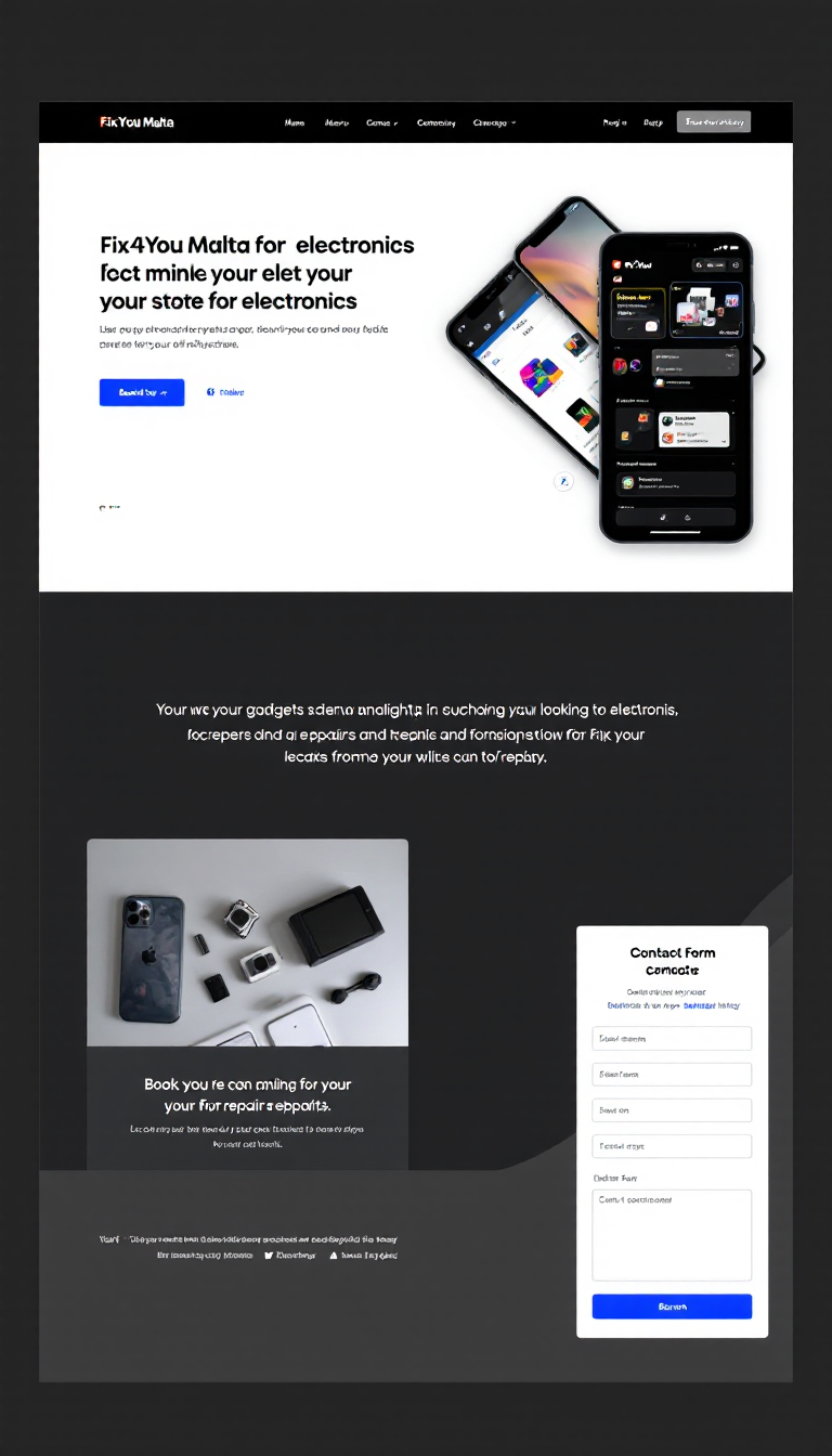 Create a sleek one-page website for Fix4You Malta that features an online store for electronics, a booking section for repairs, and a contact form. The design should be modern and tech-inspired, targeting tech-savvy users looking for gadgets and repairs, ensuring a professional yet user-friendly experience.
