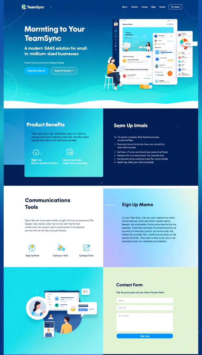 Design a one-page website for 'TeamSync,' a modern SaaS solution for small to medium-sized businesses. The layout should feature sections on product benefits, communication tools, a sign-up form, and a contact form, all with a clean design and simple navigation for a professional appearance.